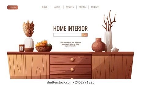 Web page design with wooden tv stand and decorative vases. Interior design, furniture, living room, home decor concept. Vector illustration for banner, website.