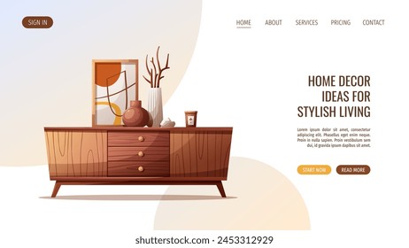 Web page design with wooden tv stand and decorative vases. Interior design, furniture, living room, home decor concept. Vector illustration for banner, website.