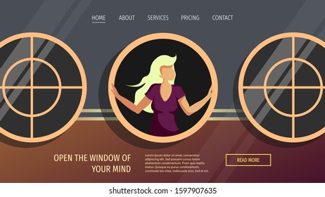 Web page design with young woman looking out of the round window. Vector illustration for card, poster, banner, website, placard.