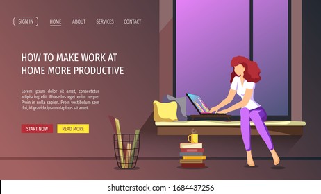 Web page design with young woman working or learning at home at night. Freelance, work at home, online job, home office, e-learning concept. Vector illustration for poster, banner, website, flyer.