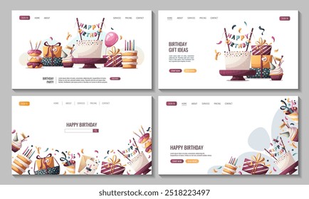 Web page designs with Birthday cakes, gifts, party hat, donuts, cupcake. Birthday party, celebration, congratulations, invitation concept. Vector illustration for website, banner. 