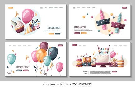 Designs de página da Web com bolos, presentes, balões, chapéu de festa, rosquinhas, cupcake, velas. Festa de aniversário, celebração, parabéns, conceito do convite. Ilustração vetorial para banner, site. 