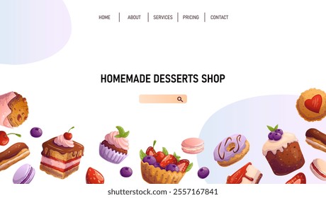 Web page with desserts. Vector illustration for bakery, dessert store, baking courses, sweet food. Web banner concept, landing page template.