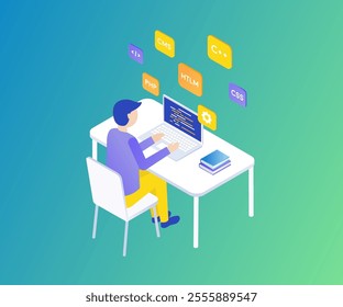 Web page development isometry. Develop concept for site design future style. Freelance work, employee on gradient background. Landing page, development of materials for browser illustration.