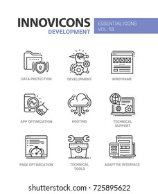 Web Page Development - modern essential vector line design icons set. Data protection, hand, wireframe, app optimization, mobile device, hosting, cloud, tech support, tools, wrench, adaptive interface