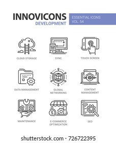 Web Page Development - modern essential vector line design icons set. Cloud storage, sync, computer, mobile device, touchscreen, data management, networking, maintenance, e-commerce optimization, seo