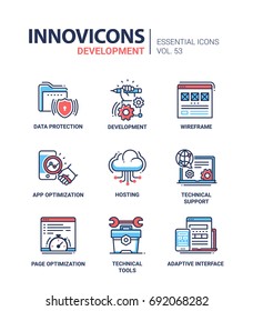 Web Page Development - modern vector line design icons set. Data protection, hand, wireframe, app optimization, mobile device, hosting, cloud, technical support, tools, wrench, adaptive interface