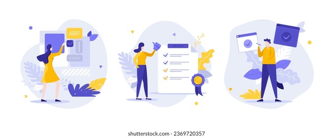 Web page development, UI UX design flat concept vector illustrations set. Application quality control and approvement cartoon composition. Landing page release idea for website, presentation