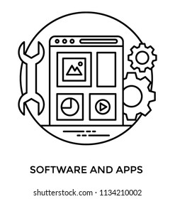 A web page with different apps, gears and tools characterizing software apps 