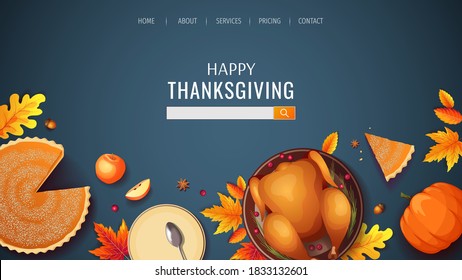 Web page disign for Happy Thanksgiving with baked turkey, autumn leaves, pumpkin pie, apples and plates on the blue background. Vector illustration for banner, poster, website.