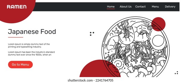 Web Page Draw ramen soup in a bowl vector illustration. Japanese Asian traditional food, cooking, menu concept. Banner, website, advertising in doodle lines style. Vector illustration