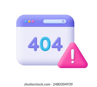 Web page with error 404 and attention exclamation sign. 404 error page not found and webpage alert caution. Development, programming and coding concept. 3d vector icon. Cartoon minimal style.