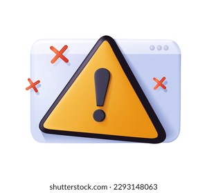 Web page error with attention sign. 3D browser with site access denied. Internet network warning 404 Error Page or File not found for web page cartoon style. 3d vector icon