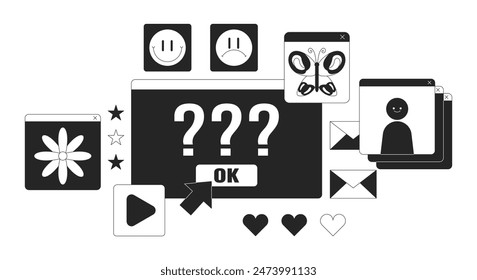 Web page error black and white 2D illustration concept. Vintage computer software. Internet problem cartoon outline scene isolated on white. Lofi aesthetic of technology metaphor monochrome vector art