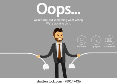 Web page errorand icons,businessman with unconnected wires,flat vector illustration