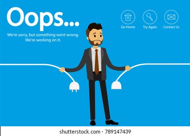 Web page errorand icons,businessman with unconnected wires,flat vector illustration