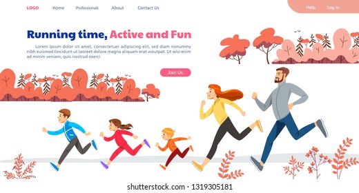 Web page with family running marathon or jogging. Active lifestyle, wholesome nutrition and sports. Creative landing page design template, web banner. Cartoon flat vector illustration