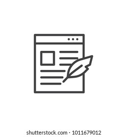 Web page and feather pen line icon, outline vector sign, linear style pictogram isolated on white. Blogging, write post symbol, logo illustration. Editable stroke