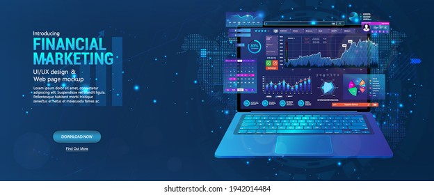 Web page - Financial Marketing with laptop and with a monitoring application open on it, online trading and investment, SEO dashboard, modern technology. 3D banner with analytics data charts. Vector