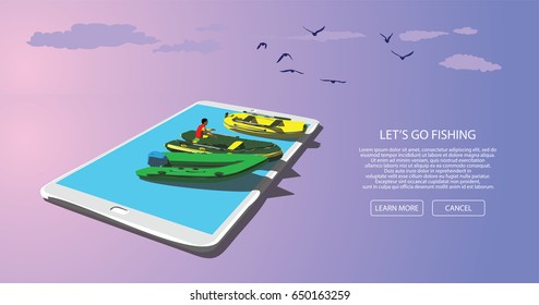 web page fishing and tourist boats on the screen of the tablet is white on a purple background