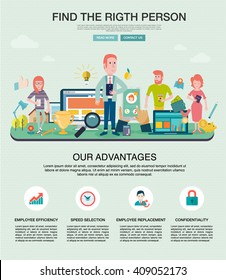 Web page. Flat design concepts for finding the right people, make career and business, for work, life, business. Employee selection, big idea in business and marketing