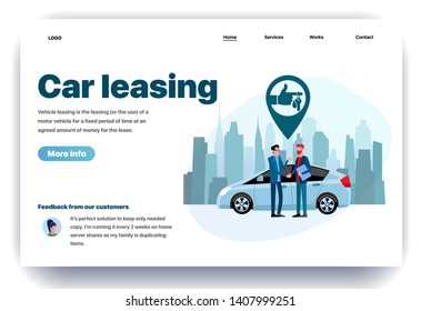 Web page flat design template for car leasing. Business landing page vehicle rental in city. Automobile hire or buying. Modern vector illustration concept for website and mobile website development