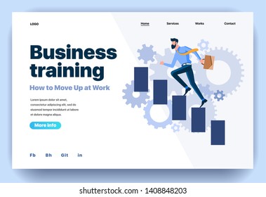 Web page flat design template for business training. Landing page training course with men tutor how to move up at work. Modern vector illustration concept for website and mobile website development