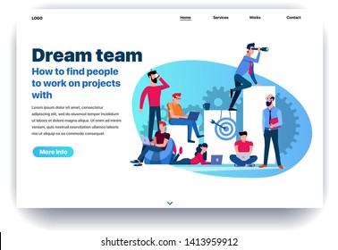 Web page flat design template for dream team. Business landing page findings your own dream team to work on projects. Modern vector illustration concept for website and mobile website development