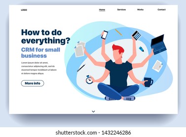 Web page flat design template CRM for small business. Business landing page online with info on how to do everything. Modern vector illustration concept for website and mobile website development