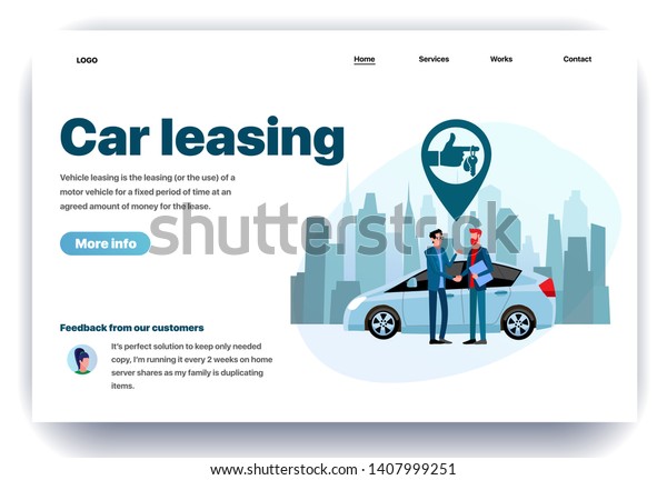 Web page flat design template for car\
leasing. Business landing page vehicle rental in city. Automobile\
hire or buying. Modern vector illustration concept for website and\
mobile website development