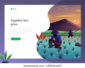 web page flat illustration style, farmers planting rice in the morning, mountain view and rice field, agricultural, farm, ranchers web design hero image landing page