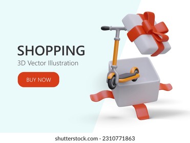 Web page for gift shop. 3d realistic opened gift box with kick scooter inside. Colorful online shopping landing page for souvenir shop. Vector design with background in blue color