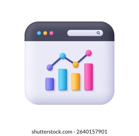 Web page and growth bar chart with columns and upward arrow. Financial stock market, data analysis and business concept. 3d vector icon. Cartoon minimal style.