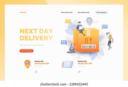 Web page header template of fast delivery service. Vector tiny people characters mailing goods. Parcel and three people over white background.