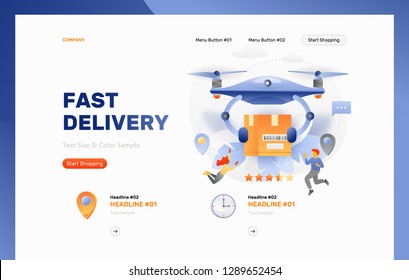 Web page header template of fast drone delivery service. Vector tiny people characters mailing goods. Drone, parcel and two people over white 
background.