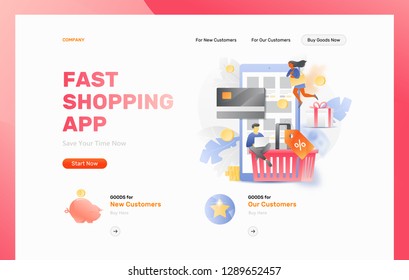 Web page header template of online shopping. Vector tiny people characters ordering goods. Shopping basket, discount tag and credit card over a mobile phone with internet shop.