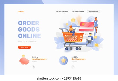 Web page header template of online shopping. Vector tiny people characters ordering goods. Shopping cart, delivery box and credit card over an open laptop. 