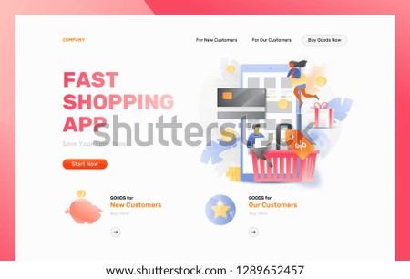 Web page header template of online shopping. Vector tiny people characters ordering goods. Shopping basket, discount tag and credit card over a mobile phone with internet shop.