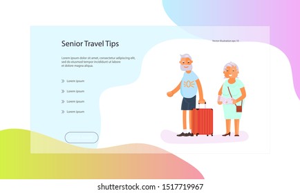 Web page of healthy active lifestyle retiree for grandparents. Elderly people characters.  Grandparents family isolated on white background. Senior Travel Tips web page. Flat Art Vector illustration