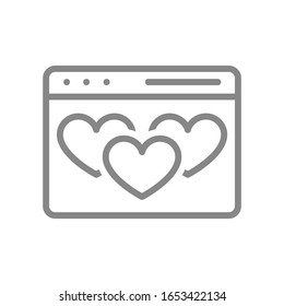 Web page with hearts, meeting website line icon. Social networks likes, feedback symbol