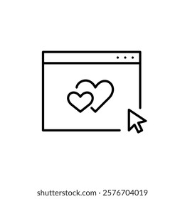 Web page, hearts and mouse click. Online dating platform. Pixel perfect vector icon