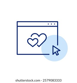 Web page, hearts and mouse click. Online dating platform. Pixel perfect, editable stroke icon