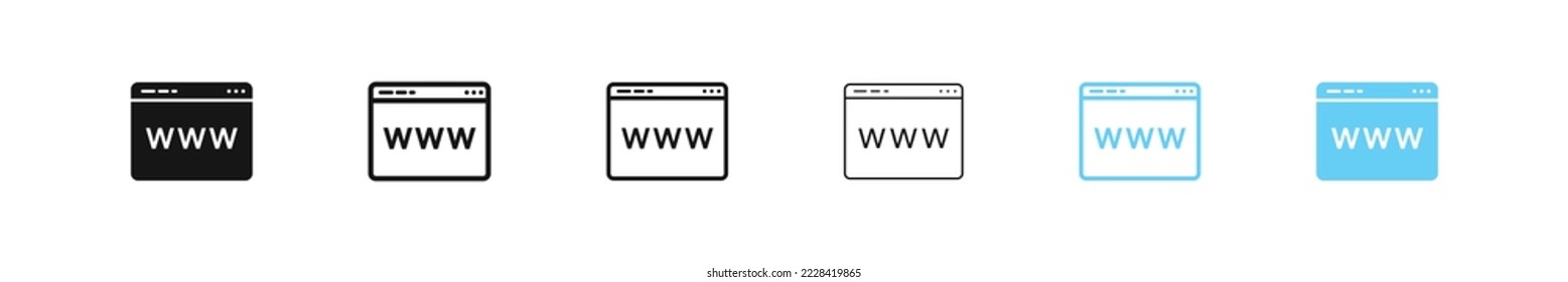 Web page icon. Website symbol. WWW application icons. HTTP url sign. Browser icons. Site symbols. Internet mockup. Vector isolated sign.