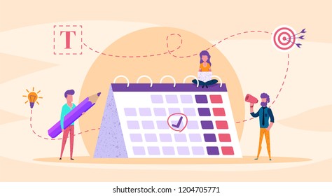 Web page illustration concept. small people fill calendar. with big pencil. time management analysis  illustration for presentation blog or social media. vector modern flat 