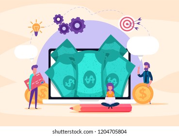 Web page illustration concept. small people credit card, money, coins. investment business. Online payment, internet bank. banking operations. illustration for presentation blog or social sites.