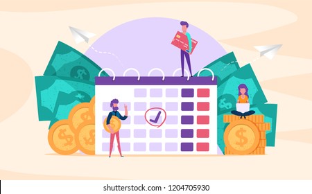 Web page illustration concept. small people with coins, credit card. time management. save money.payment due. business goal. analysis successful investment, startup vector for presentation blog social