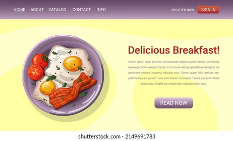 Web page with an illustration of fried eggs with tomatoes and bacon.