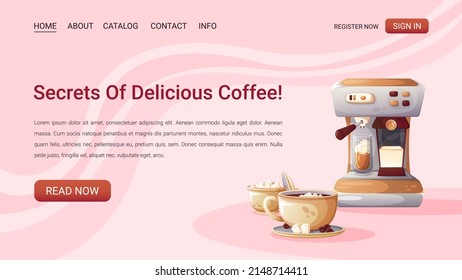 Web page with illustrations of coffee cups, sugar bowls and coffee machines.