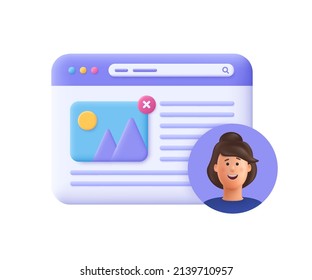 Web page interface design, web user, windows frame search. Web design and web development concept. 3d vector icon. Cartoon minimal style.