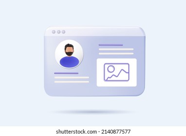 Web page interface design, web user, windows frame search. Web design and web development concept. 3d vector icon. Cartoon minimal style. Profile page design, UI UX social media template website. 3D